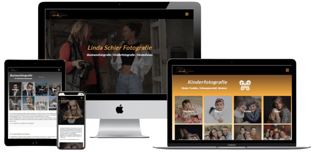 Mockup der Website für Linda Schier Fotografie, entwickelt von der Webagentur Basel. Responsive Design für Business- und Kinderfotografie mit professionellem Branding