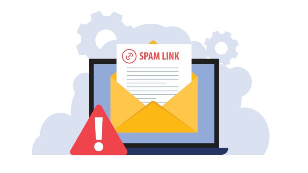 Warnsymbol und E-Mail mit Spam Link als Hinweis auf Fehler und Risiken