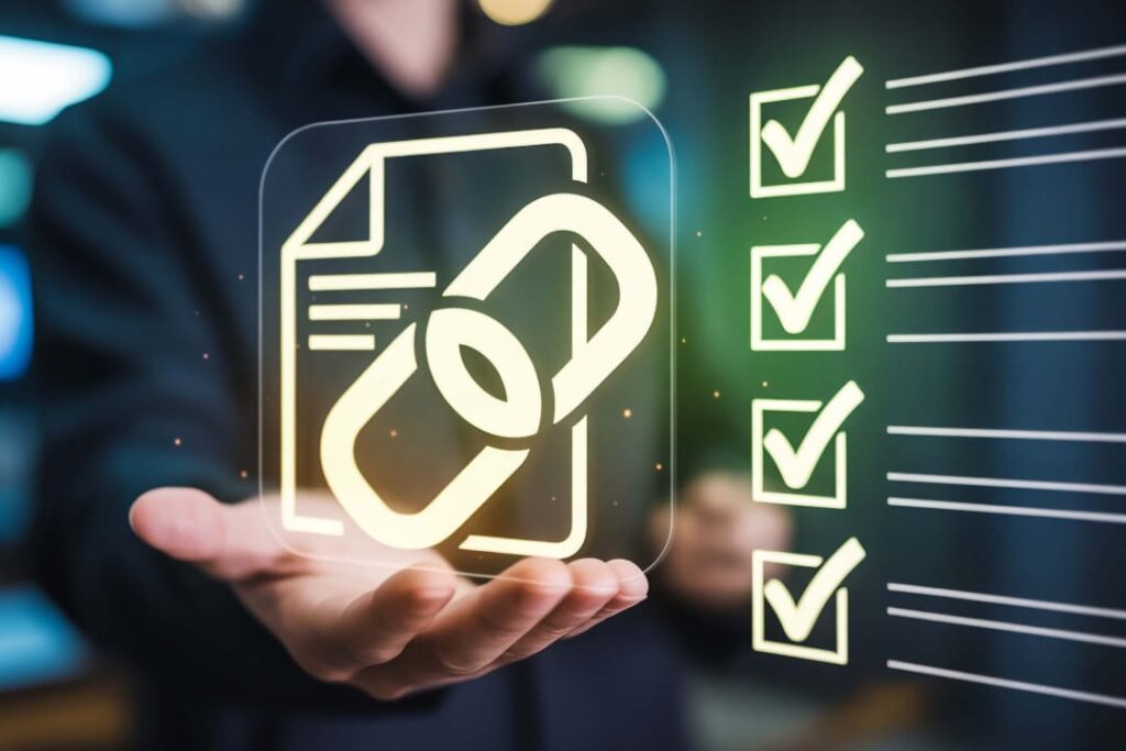 Symbolbild einer nachhaltigen Backlink Strategie mit Link-Icon und digitaler Checkliste zur SEO-Optimierung