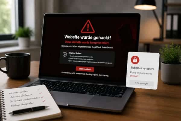 Gehackte Website mit Sicherheitswarnung auf dem Bildschirm