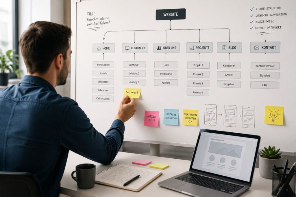 Webdesigner plant eine benutzerfreundliche Navigation für eine Website mit Sitemap und klarer Seitenstruktur