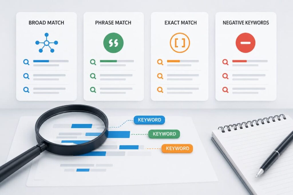 Analyse von Google Ads Keyword-Optionen und relevanten Suchbegriffen für effizientere Kampagnen