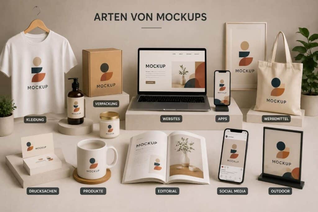 Mockups erstellen mit verschiedenen Anwendungsbereichen wie Kleidung, Verpackungen und Websites