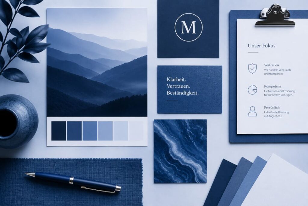 Beispiel für ein monochromatisches Farbschema mit verschiedenen Blautönen im Grafikdesign und Branding