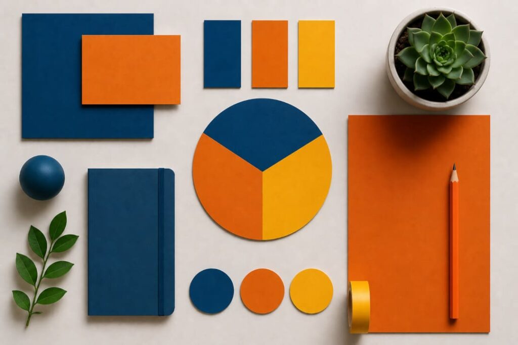 Split-komplementäres Farbschema mit Blau, Orange und Gelb als ausgewogene Farbkombination für modernes Grafikdesign