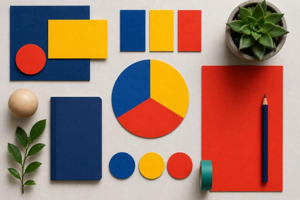 Triadisches Farbschema mit Blau, Gelb und Rot als Beispiel für kreative und ausgewogene Farbkombinationen