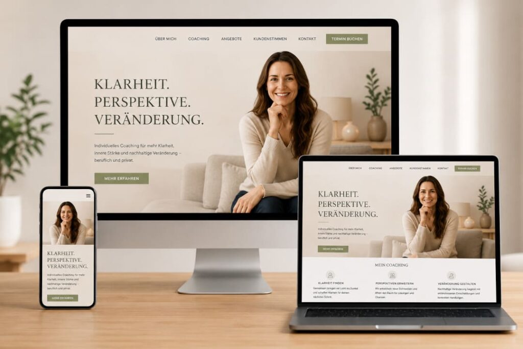 Webdesign für Coaches mit einer modernen und responsiven Coaching-Website auf Desktop, Tablet und Smartphone