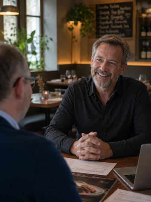 Webdesign für Restaurants – Beratungsgespräch mit einem Restaurantbesitzer vor Projektstart