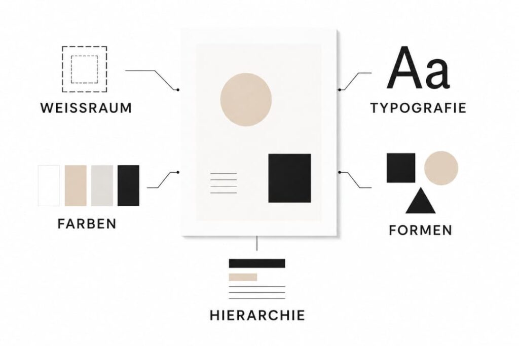 Minimalistisches Grafikdesign mit den wichtigsten Gestaltungsprinzipien übersichtlich dargestellt