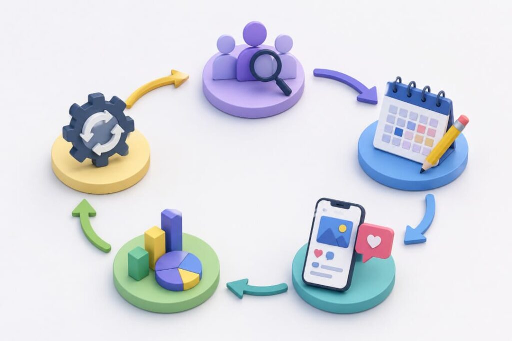 3D-Illustration eines kontinuierlichen Optimierungsprozesses für eine erfolgreiche Social-Media-Strategie