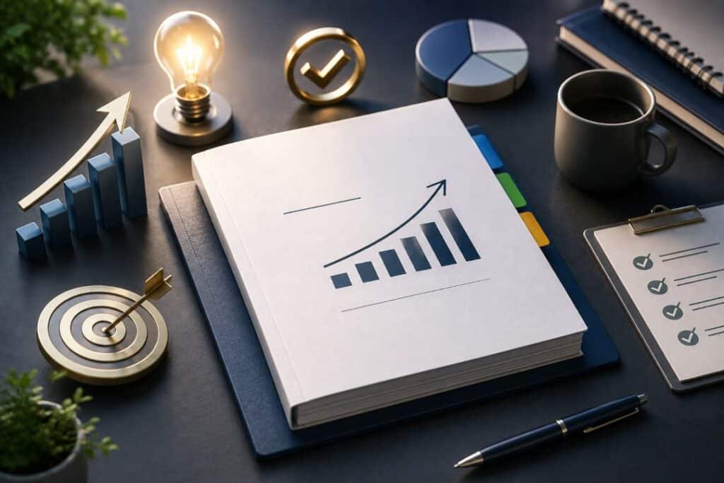 Professioneller Businessplan mit klarer Struktur, Zahlen und Planungssymbolen