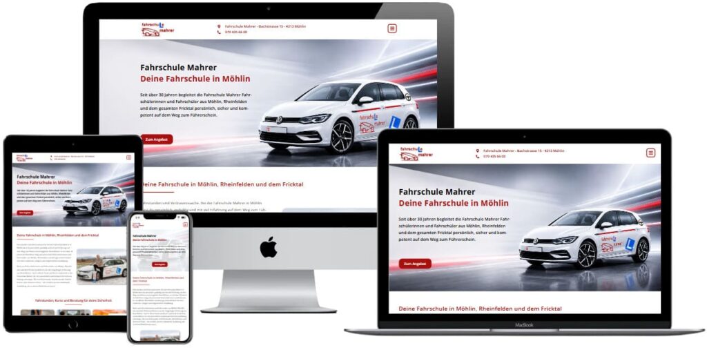 Mockup der Website der Fahrschule Mahrer auf Desktop, Tablet und Smartphone