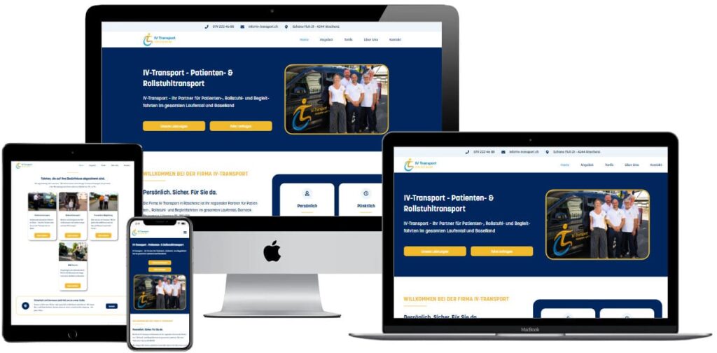 Mockup der Website des IV-Transport Karrer KLG auf Desktop, Tablet und Smartphone
