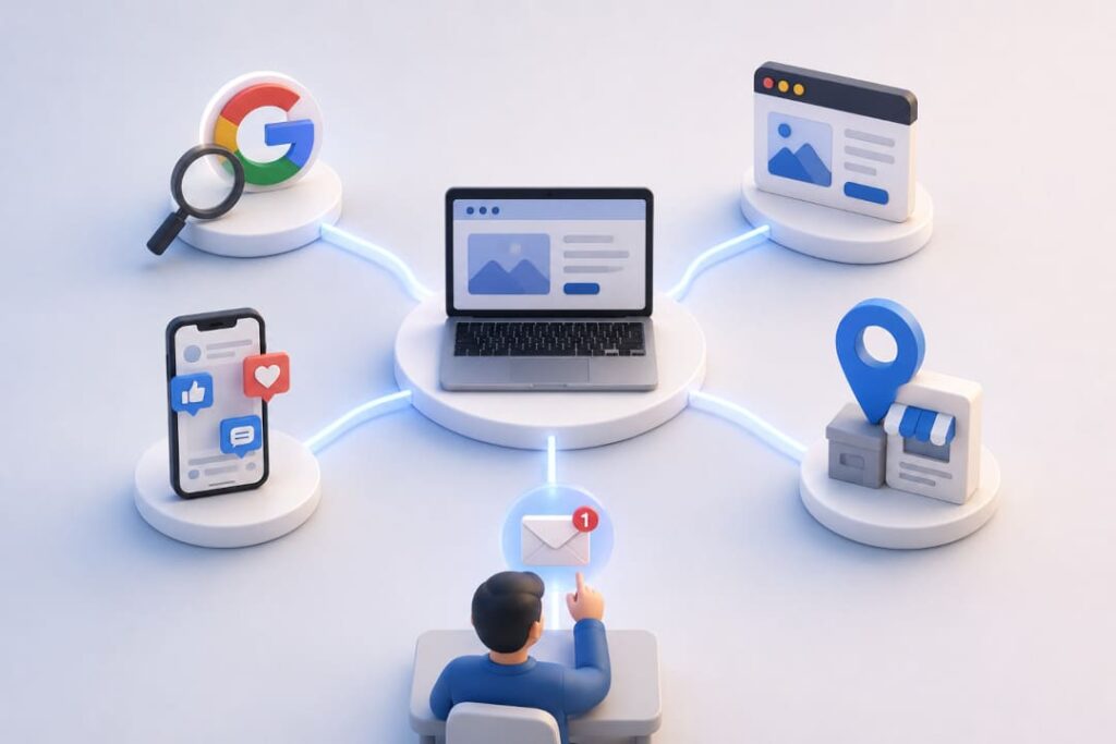 Moderne 3D-Illustration zeigt, wie Website, Google, Social Media und Branchenplattformen gemeinsam für mehr Online-Sichtbarkeit und neue Kundenanfragen sorgen.